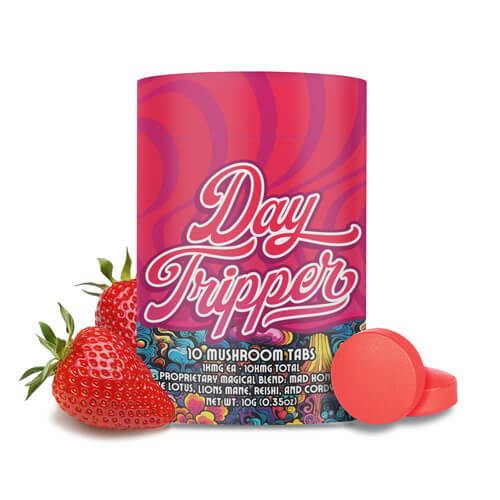 Front of Day Tripper Strawberry Safari mushroom Tablets showing vibrant strawberry artwork and a 10-count quick-dissolve label.