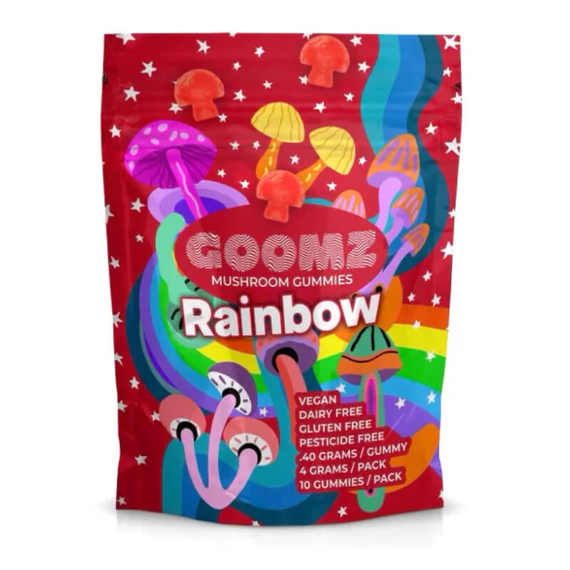 Goomz Rainbow Mushroom Gummies pouch with bold multi-fruit design and 8 gummies per bag.