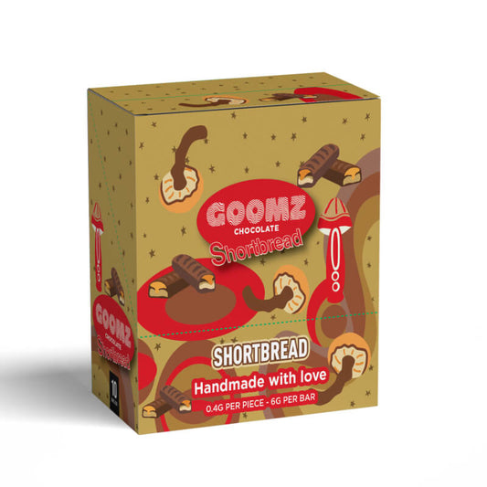 A photo rendering of the display case for the Goomz Shortbread mushroom chocolate bar.