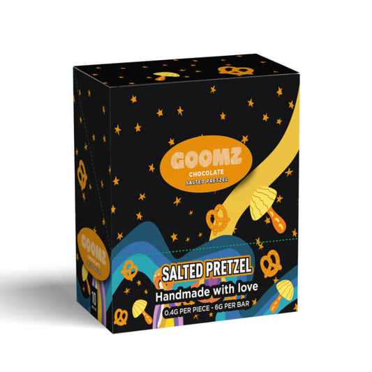 The display box for the Goomz Salted Pretzel flavored mushroom chocolate bar.