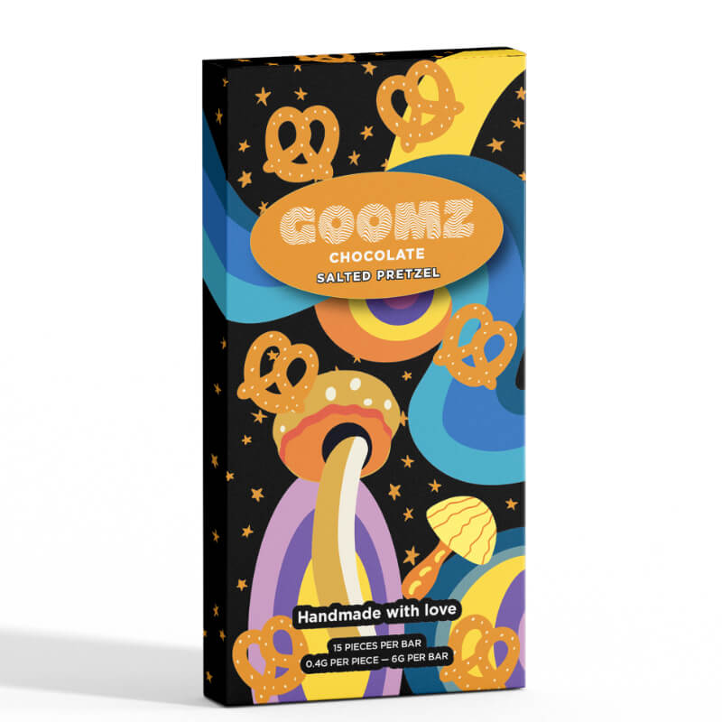 Goomz Salted Pretzel flavored mushroom chocolate bar.