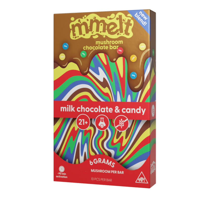 Front of Mmelt Milk Chocolate & Candy Bar with vibrant colors and 6g mushroom blend label.