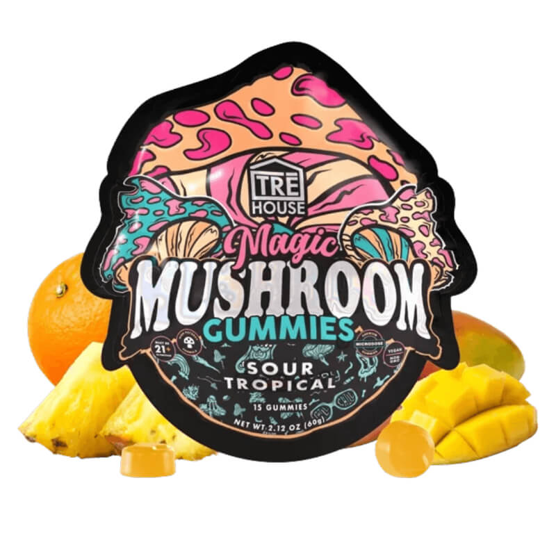 Front of TRĒ House Sour Tropical magic mushroom Gummies pouch featuring vibrant tropical fruit design and dosage details.