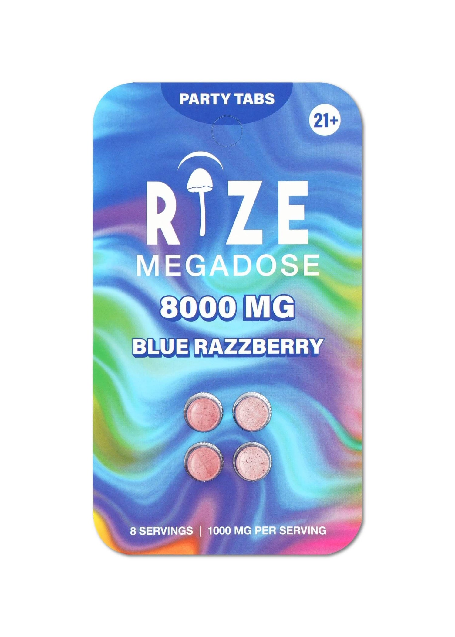 8000mg Blue Razzberry Party Tabs blister pack — four scored blue raspberry mushroom blend tablets with vibrant electric blue and purple packaging.