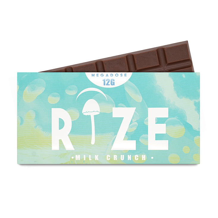 Rize of Hope 12g Milk Crunch Mushroom Chocolate Bar – front packaging with 10 tiles of organic mushroom-infused milk chocolate