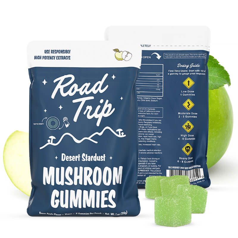 Green Apple Road Trip Mushroom Gummies with a tangy kick, crafted to enhance mood, focus, and sensory perception.