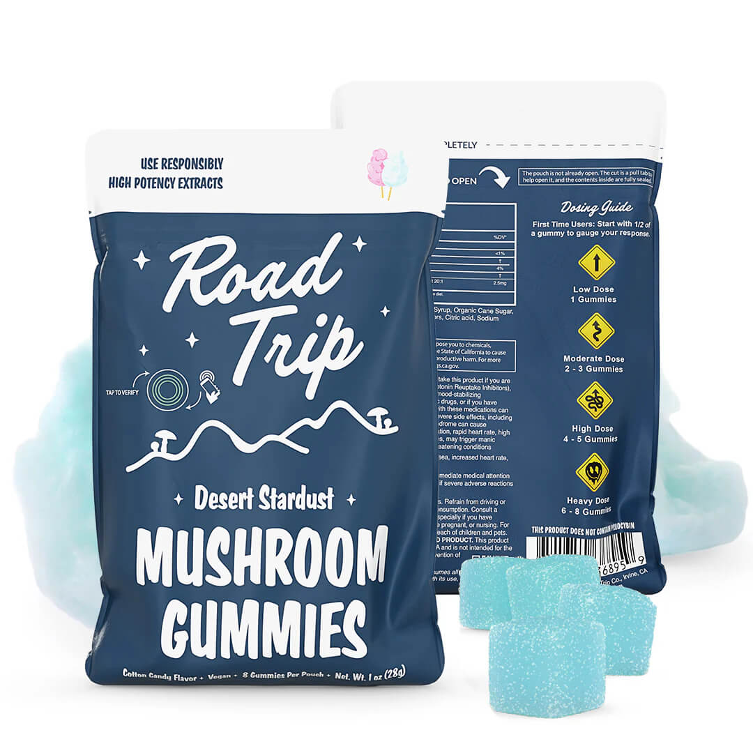Cotton Candy Road Trip Mushroom Gummies with sweet flavor, mood enhancement, and a smooth, nootropic-driven experience.