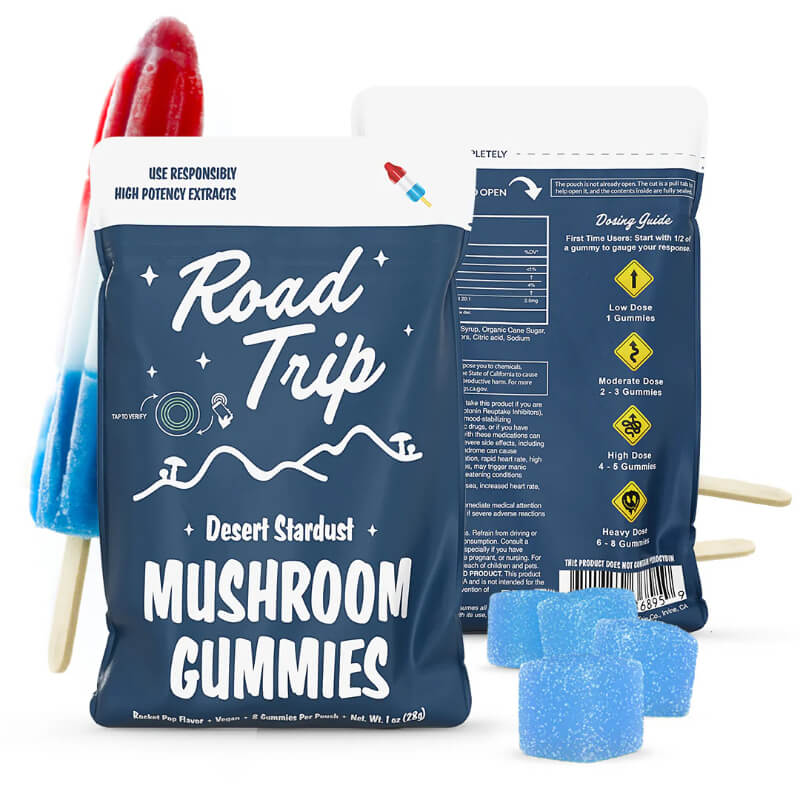 Rocket Pop Road Trip Mushroom Gummies with a bold, fruity blend designed for elevated mood and cognitive stimulation.