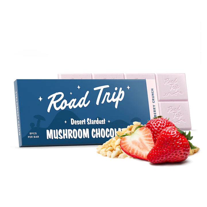 Road Trip: Strawberry Crunch, mushroom, and chocolate bar.