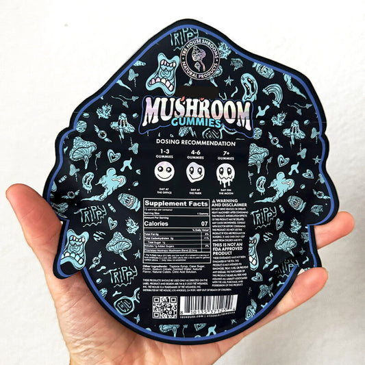 Back of TRĒ House Blue Raspberry mushroom gummies showing mushroom dosage, ingredients, and nutrition label.