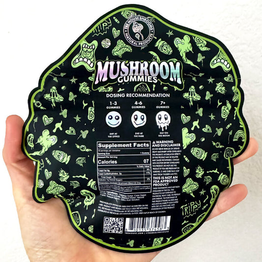 The back of TRĒ House Sour Apple mushroom gummies shows supplement facts, mushroom blend information, and a dosing guide.