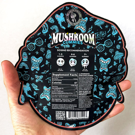 Back of the package for TRĒ House Juicy Mango Mushroom Gummies (15ct) – Vegan, Gluten-Free Nootropic Mushroom Gummy Pouch.