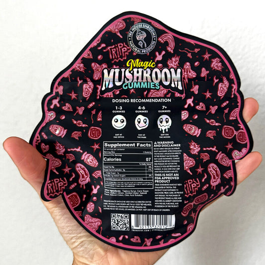 Back of TRĒ House Sour Cherry magic mushroom gummies showing ingredient panel, dosage instructions, and nutrition info.
