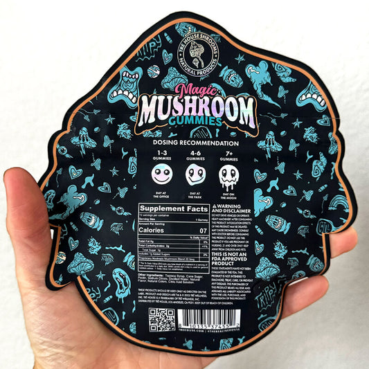 Back of TRĒ House Sour Tropical magic mushroom gummies with complete nutrition facts, mushroom blend, and recommended use.