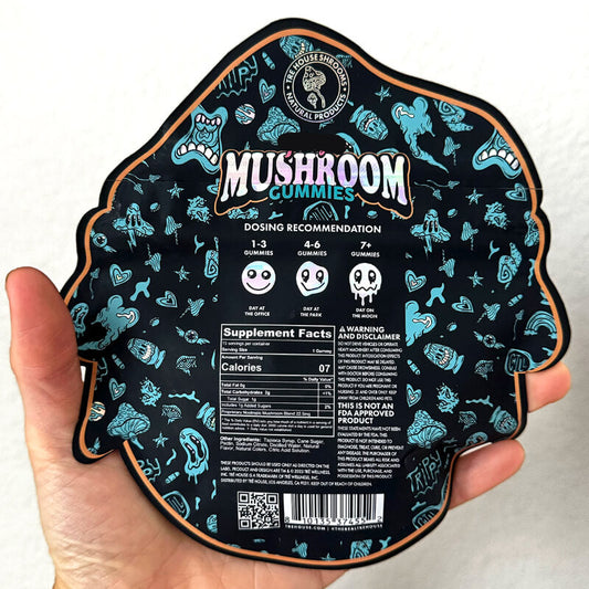 Back of TRĒ House Sour Tropical mushroom gummies with complete nutrition facts, mushroom blend, and recommended use.