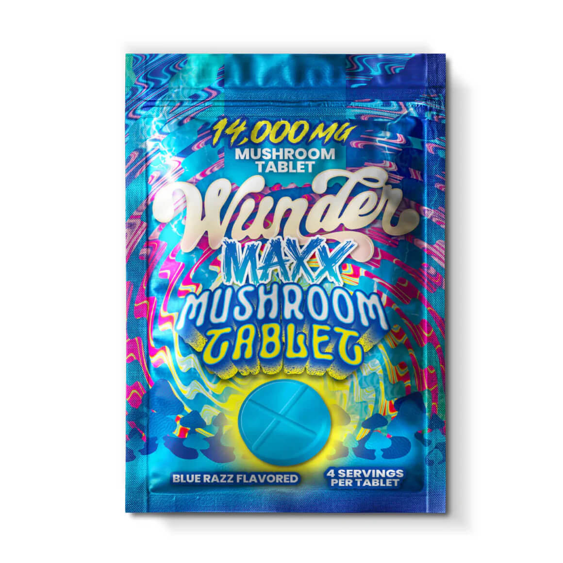 Wunder Maxx Strength Blue Razz mushroom tablet packaging highlighting 14,000mg ultra-potent blend and scored tablet design.