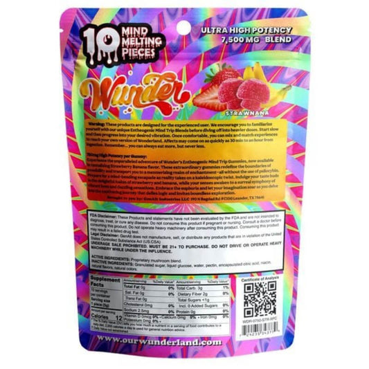 Back of Wunder Strawnana blue lotus Gummies with magic mushrooms showing ingredients, usage guide, and mushroom blend details.