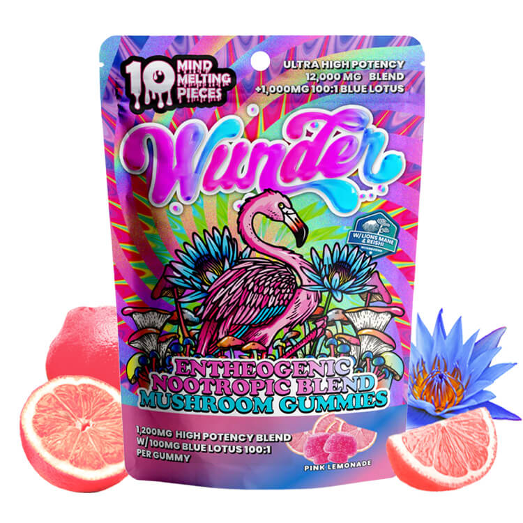 The front of the Wunder Pink Lemonade Mushroom Gummies pouch has a pink citrus design and a 10-count label.