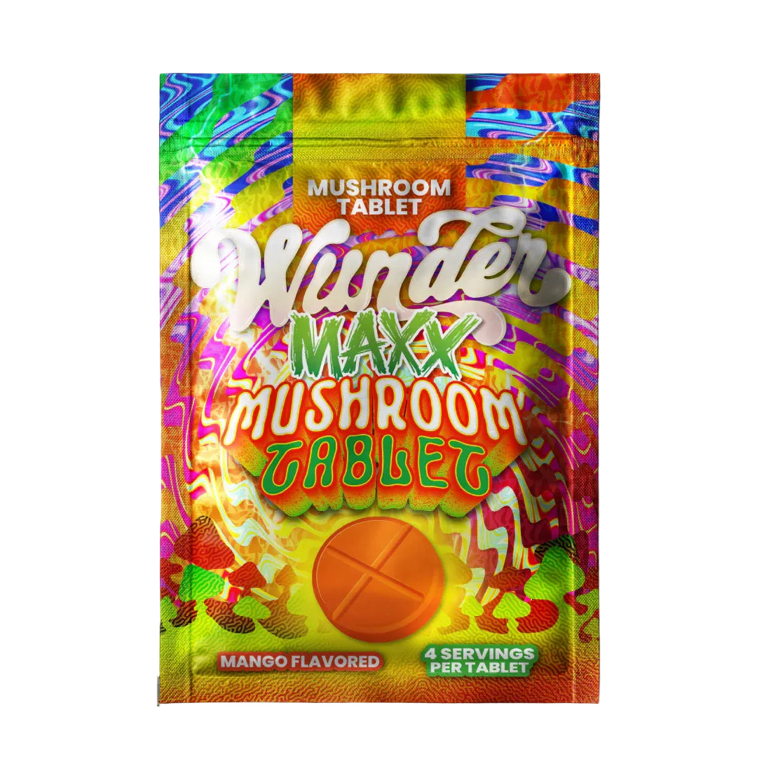 Wunder Maxx Mango Mushroom Tablet 14000mg packaging front view with warm tropical orange and yellow mango design