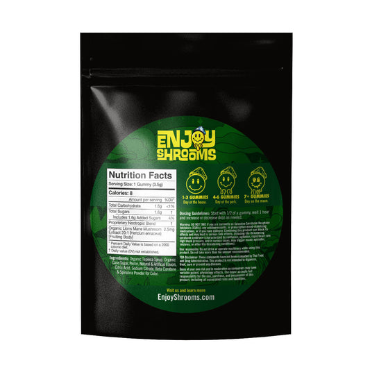 Enjoy Shrooms Bulk Sour Apple Gummies back label showing ingredients, suggested use, storage directions, and standard supplement disclaimers.