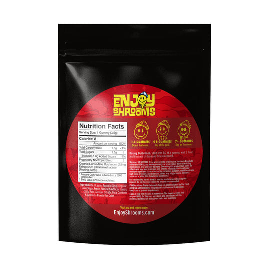 Enjoy Shrooms Bulk Strawberry Mushroom Gummies. Image is showing the back of the 50 count bag with juicy cosmic strawberry design and nutrition facts.