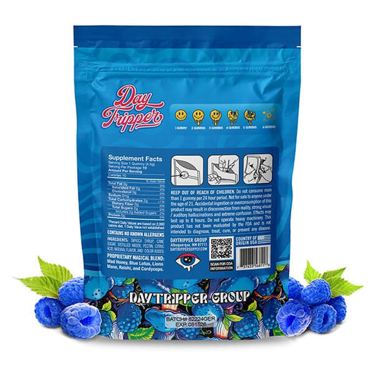 The back of the Day Tripper Electric Raspberry 4 pack bundle Bulk Magic Mushroom Gummies shows the ingredients suggested for use and nutritional details.