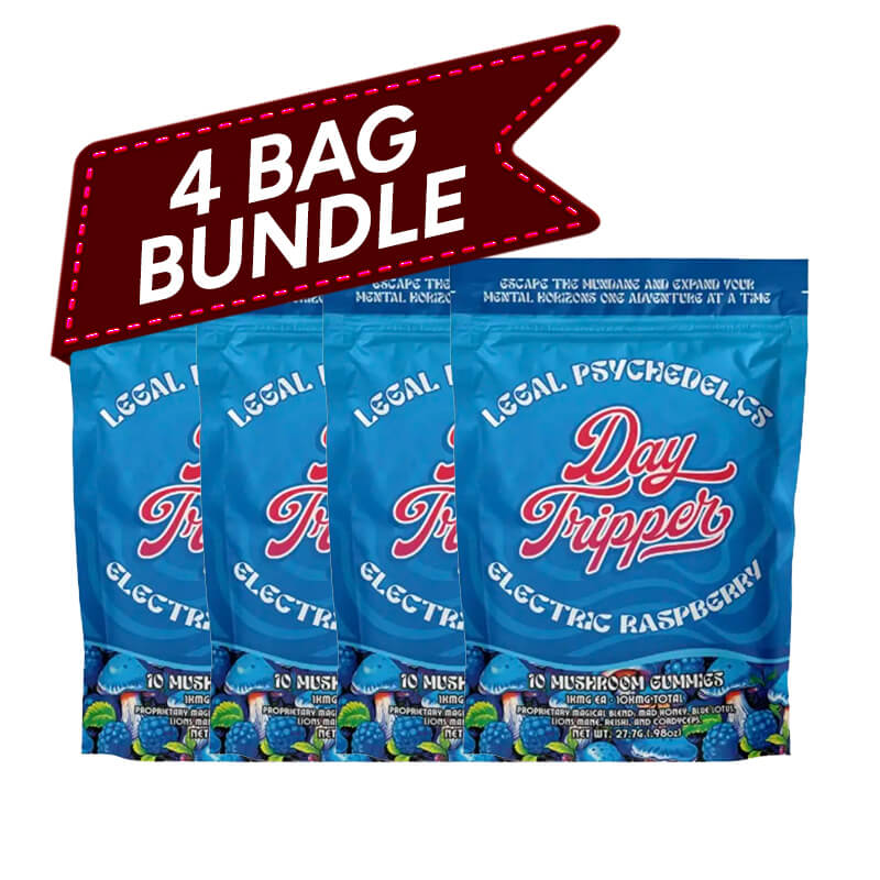 4 Bag Bundle of Day Tripper Mad Honey Blue Lotus Mushroom Gummies - Electric Raspberry.