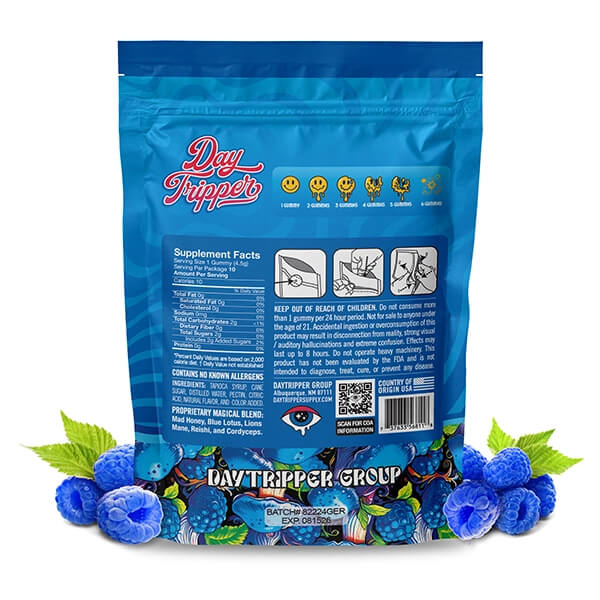 The back of the Day Tripper Electric Raspberry Magic Mushroom Gummies shows the ingredients suggested for use and nutritional details.