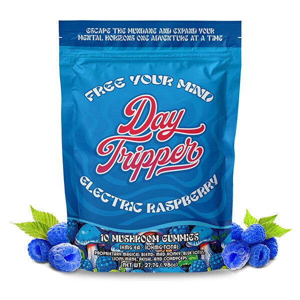 Front-of-Day Tripper Electric Raspberry Magic Mushroom Gummies with purple design, 10-count label, and psychedelic branding.