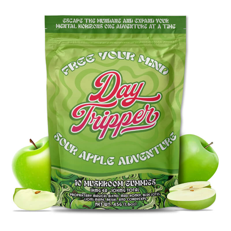 Day Tripper Sour Apple Gummies with crisp green apple artwork, 10-count dose, and nootropic magic mushroom formula.