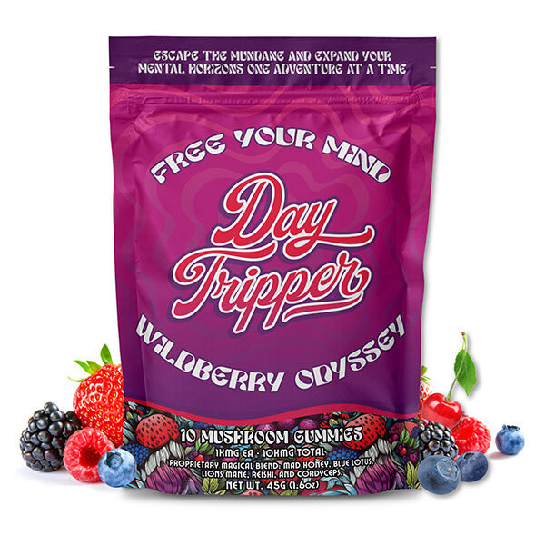 Front-of-Day Tripper Wildberry Odyssey Mushroom Gummies with vibrant berry art, 10-count label, and psychedelic packaging.
