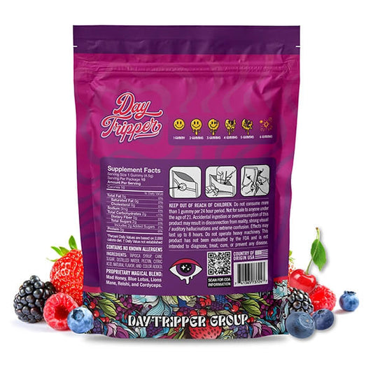 Back of Day Tripper Wildberry Odyssey mushroom Gummies showing nutrition panel, ingredients, and suggested use.