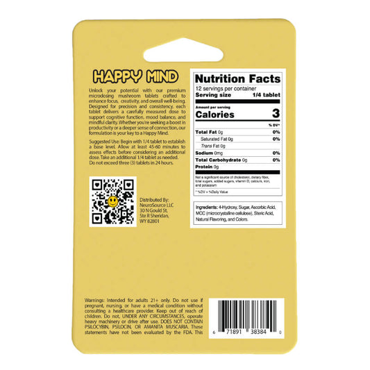 Back of Happy Minds Blue Razz Mushroom Tablets package showing dosing instructions, ingredients list and safety warnings.
