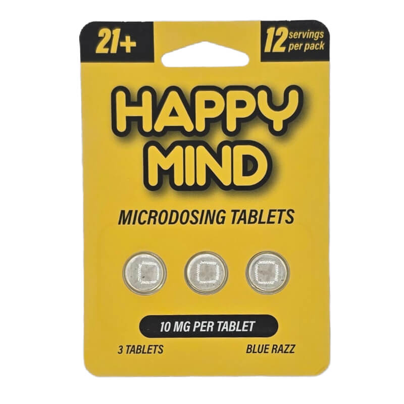 Happy Minds Blue Razz Mushroom Tablets 10mg Synaptic Surge maximum-strength packaging front view