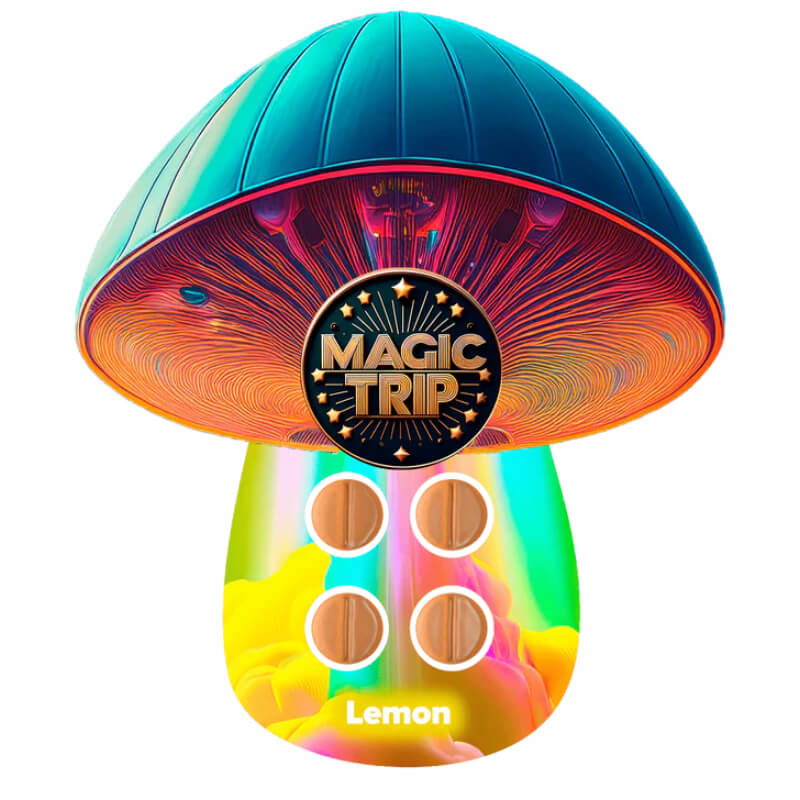 Front packaging of Magic Trip Lemon Mushroom Tabs with 4-count label and bright citrus-themed design