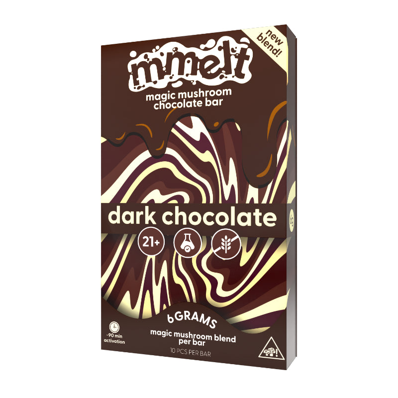 Front of Mmelt Dark Chocolate Mushroom Bar with 6g active mushroom blend and premium design.