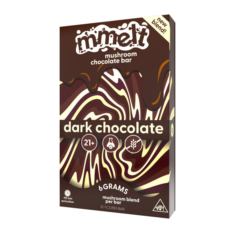Front of Mmelt Dark Chocolate Mushroom Bar with 6g active mushroom blend and premium design.
