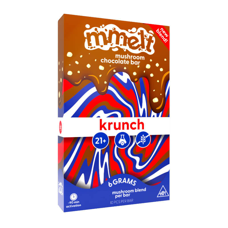 Front of Mmelt Chocolate Krunch Magic Mushroom Chocolate Bar with 6g active mushroom blend.