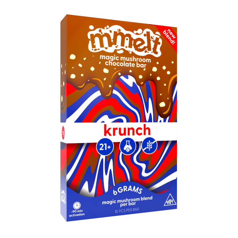 Front of Mmelt Chocolate Krunch Mushroom Chocolate Bar with 6g active mushroom blend.