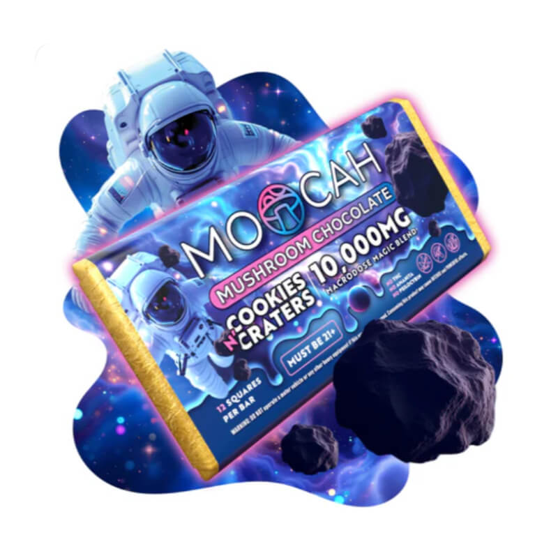 Moocah magic mushroom chocolate bar with the unique flavor of cookies and craters (cookies and cream). This mushroom chocolate bar is a macro dose blend.