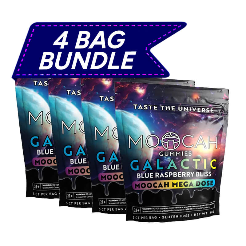 Moocah Blue Raspberry Bliss Mushroom Gummies 4-pack with 15,000 mg bags and bold blue raspberry artwork