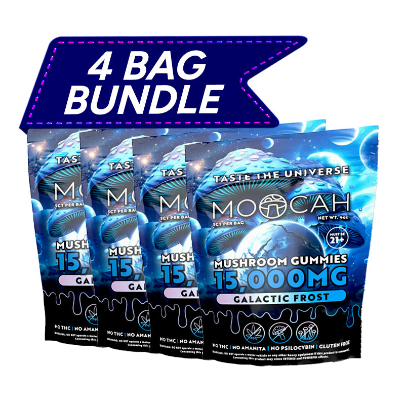 Moocah Galactic Frost Mushroom Gummies bulk 4 Pack Bundle with frosty berry flavor and premium mushroom blend.