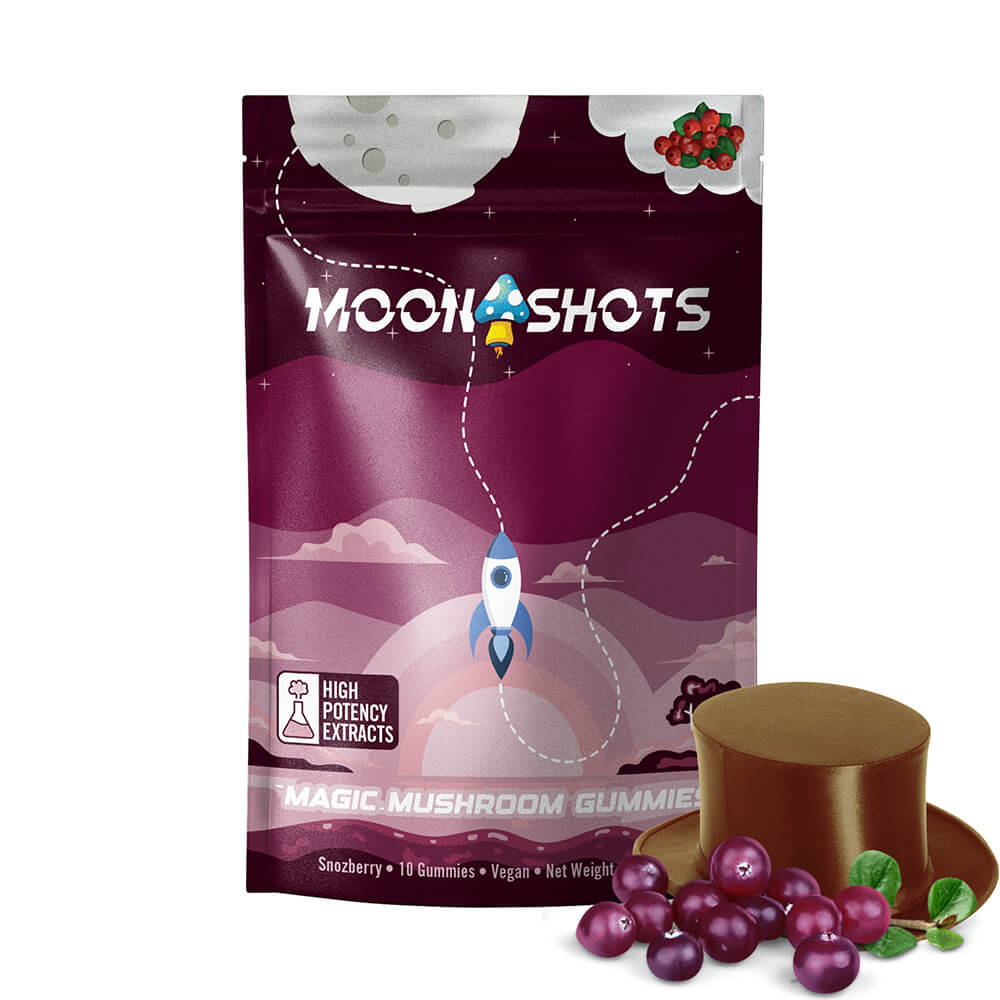 Moonshots' highly potent snozzberry mushroom gummies packaging with berries, mushrooms, and a rocket ship in the graphic.