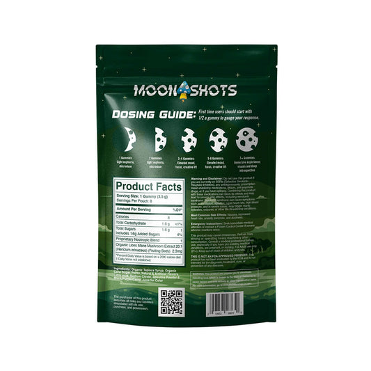 Moonshots Green Apple Mushroom gummies packaging with mushroom illustrations and text on the back showing nutrition and ingredient facts.