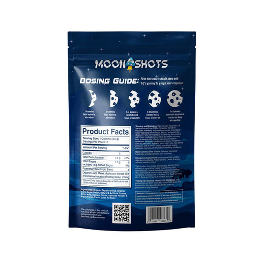 Moonshots blue raspberry mushroom gummies packaging with mushroom illustrations and text on the back showing nutrition and ingredient facts.