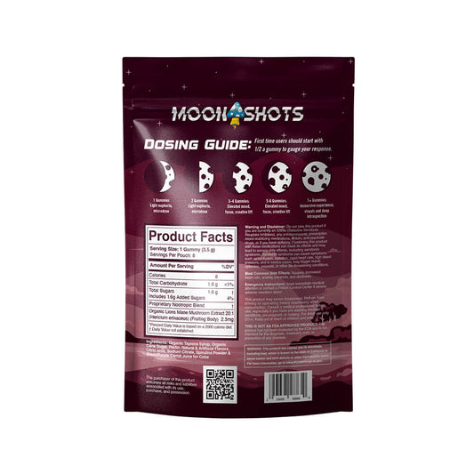 Moon Shots supplement package with dosing guide and product facts on a white background