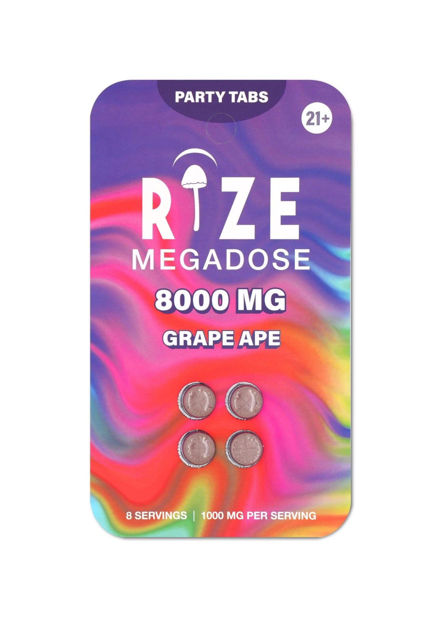 8000mg Grape Ape Party Tabs blister pack — four scored deep grape mushroom blend tablets with rich purple and dark fruit-forward packaging.