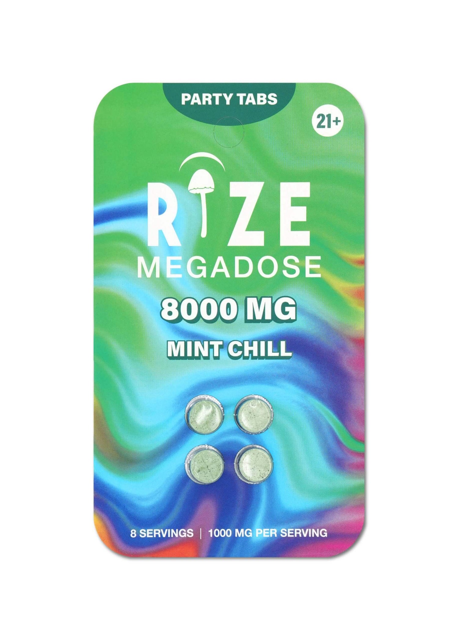 8000mg Mint Chill Party Tabs blister pack — four scored cool mint mushroom blend tablets with clean, icy white and green refreshing packaging.