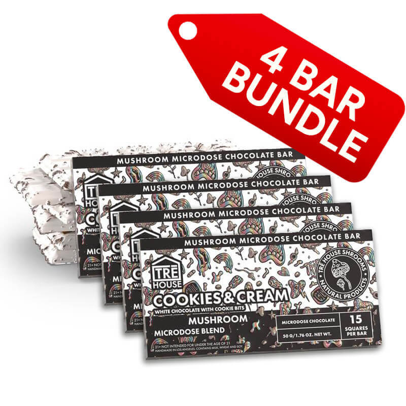 Four packages of the discounted Tre House cookies & cream flavored Bulk Mushroom Chocolate Bar with a red '4 Bar Bundle' tag above it.