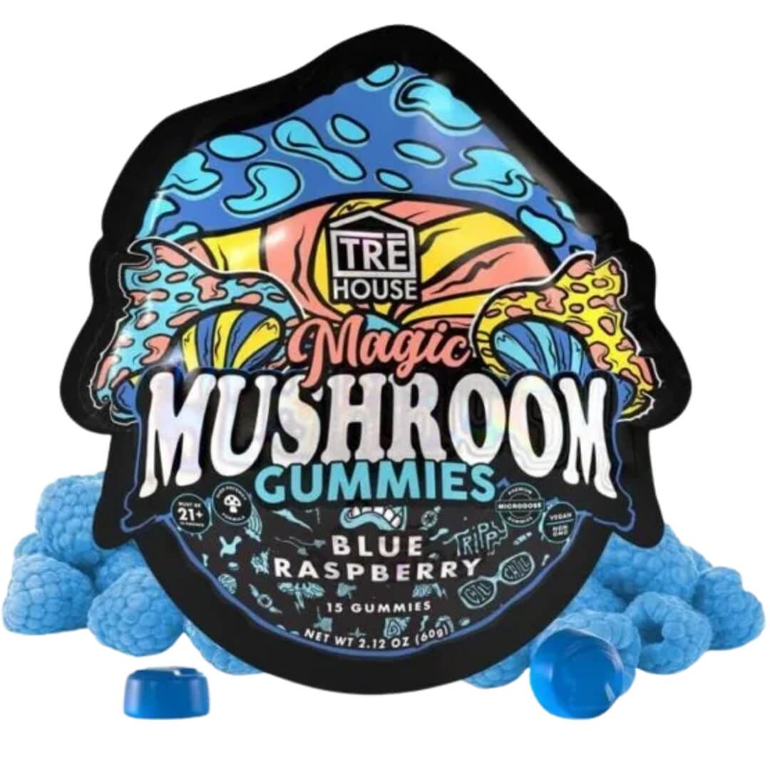 Front of TRĒ House Blue Raspberry Mushroom Gummies bag with bold blue coloring and 15-count label.